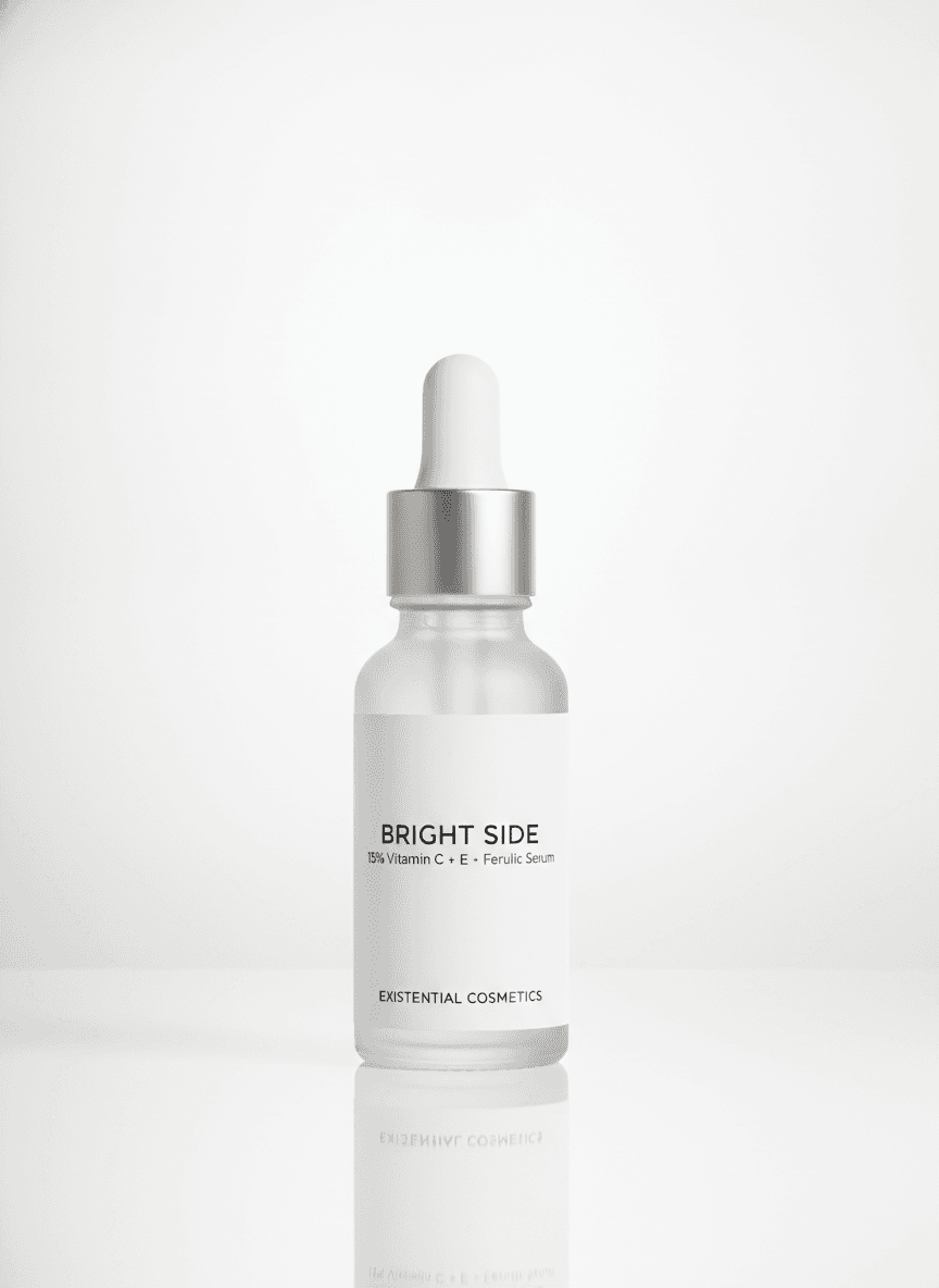 Bright Side serum: a frosted glass dropper bottle with a silver collar