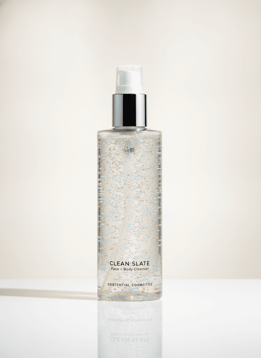 Clean Slate cleanser: a tall transparent pump bottle of clear gel with suspended blue and amber jojoba beads