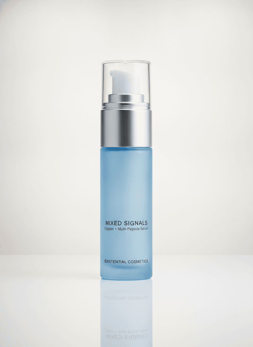 Mixed Signals serum: a frosted powder blue airless pump bottle with silver hardware